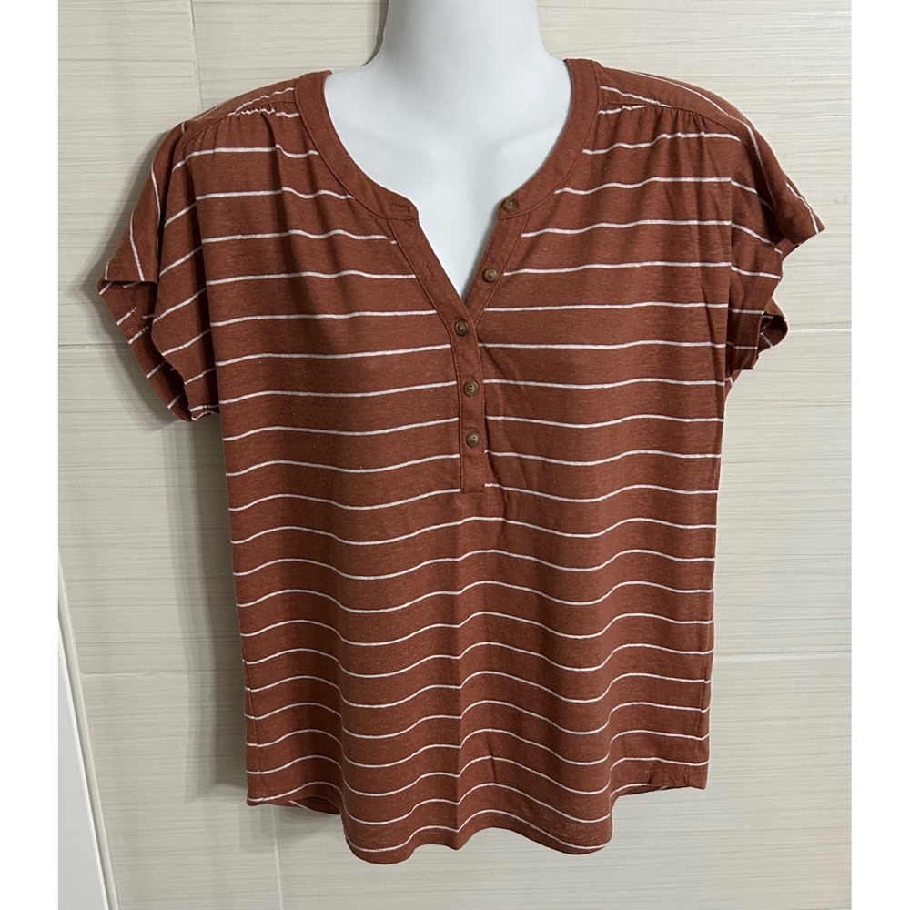 Old Navy Linen Blend Striped Button Henley SS Top S, Rust Pumpkin Autumn Fall